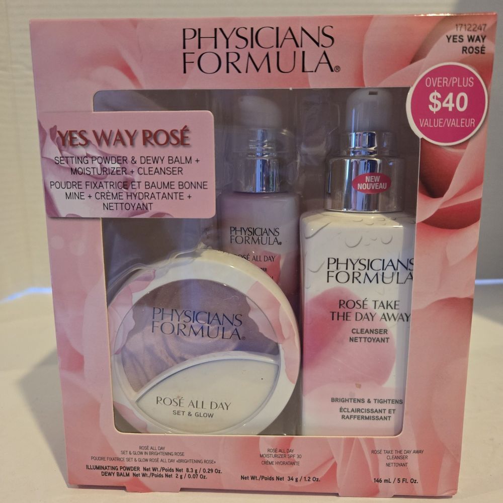 Physicians Formula Yes Way Rose SET Cleanser Moisturizer Setting Powder/Balm New